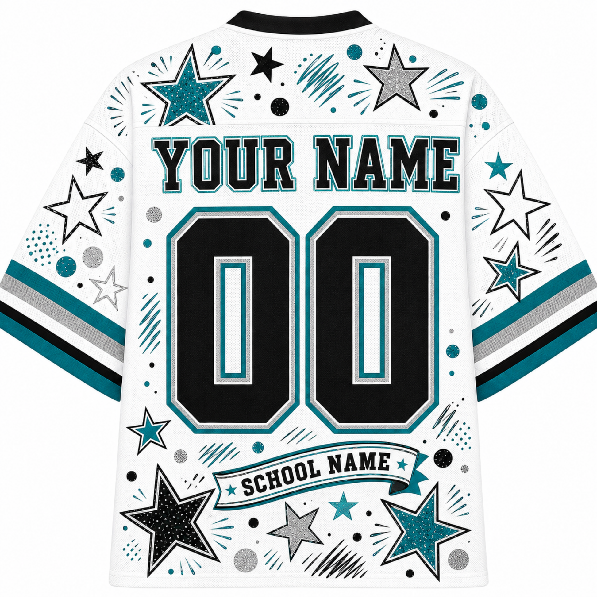 White customizable sports jersey shown from the back, featuring black and teal numbers '00' with placeholder text 'YOUR NAME' and 'SCHOOL NAME', decorated with teal and silver stars and black, teal, and silver stripes on the sleeves.