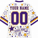 White customizable sports jersey with purple and gold star graphics, purple and gold stripes on the sleeves, and customizable text on the back reading 'YOUR NAME', '00', and 'SCHOOL NAME'.