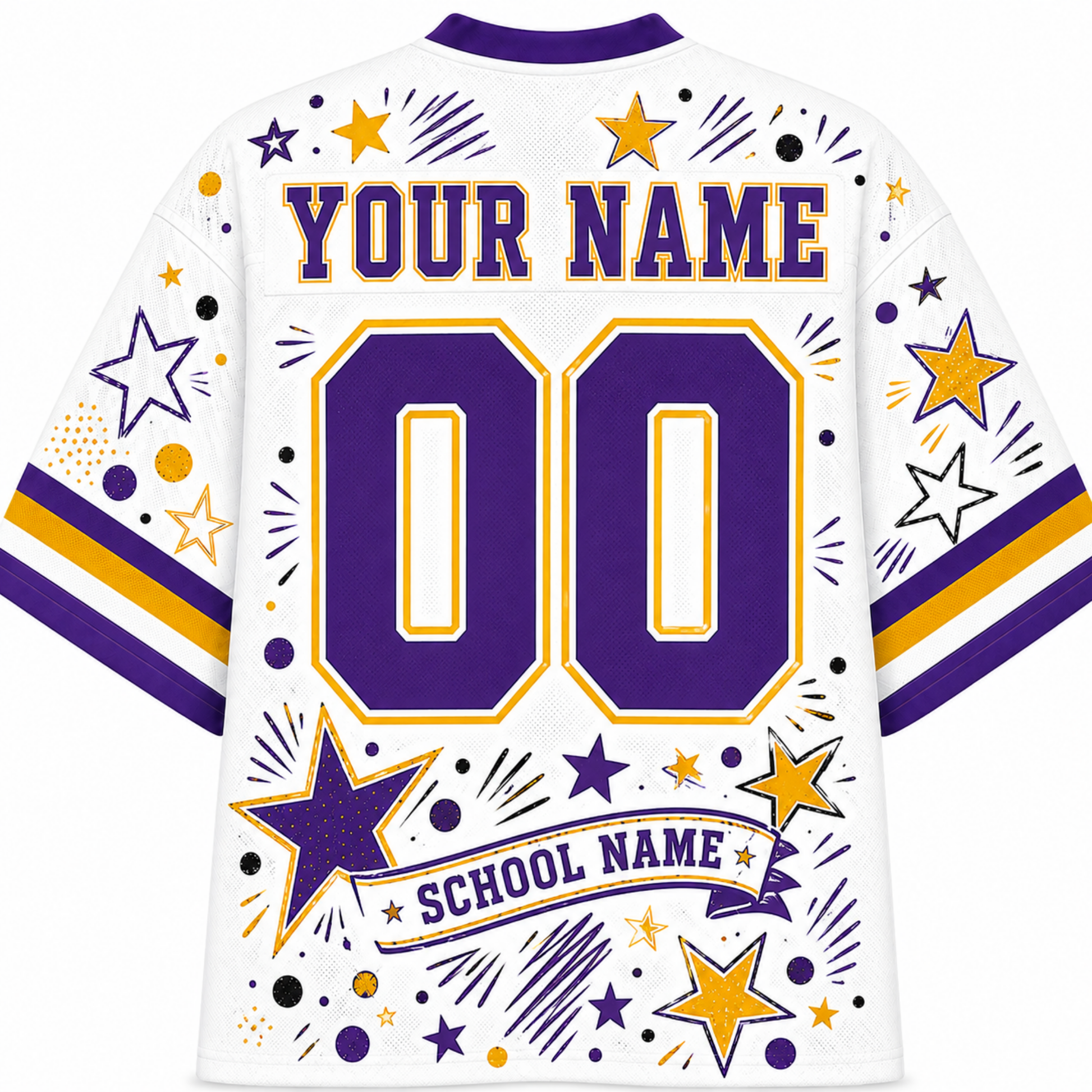 White customizable sports jersey with purple and gold star graphics, purple and gold stripes on the sleeves, and customizable text on the back reading 'YOUR NAME', '00', and 'SCHOOL NAME'.