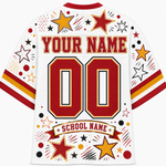 White short-sleeve athletic jersey shown from the back with red and gold custom print. The back features a red collar, large red number '00' outlined in black, customizable 'YOUR NAME' text, a red banner reading 'SCHOOL NAME', and scattered star and firework graphics in red, gold, black, and white.