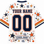 White short-sleeve customizable sports jersey shown from the back, featuring navy and orange star graphics, decorative confetti dots, and placeholder text reading 'YOUR NAME', '00', and 'SCHOOL NAME'.