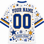 White short-sleeve custom sports jersey shown from the back, featuring blue and gold star graphics, 'YOUR NAME' and '00' in blue with gold outlines, and a 'SCHOOL NAME' banner at the bottom.
