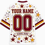 White customizable football jersey with maroon and gold graphics, featuring 'YOUR NAME', '00', and 'SCHOOL NAME' on the back, decorated with stars and fireworks.