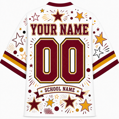White customizable football jersey with maroon and gold graphics, featuring 'YOUR NAME', '00', and 'SCHOOL NAME' on the back, decorated with stars and fireworks.