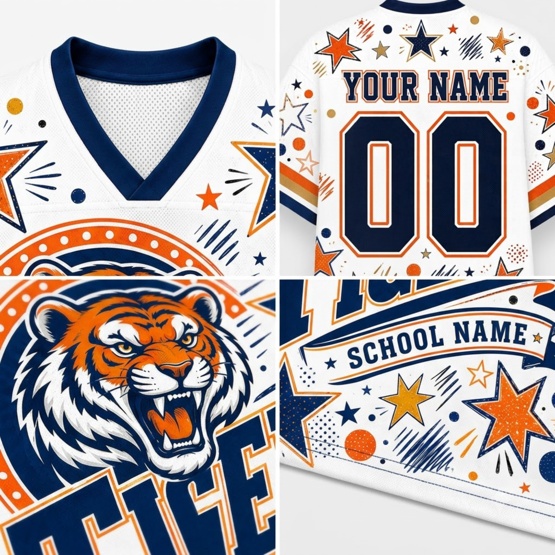 Custom sports jersey mockup showing front, back, and graphic details. The white jersey features navy blue trim, orange and navy star/dot patterns, a roaring tiger mascot graphic, and customizable text fields reading 'YOUR NAME', '00', and 'SCHOOL NAME'.