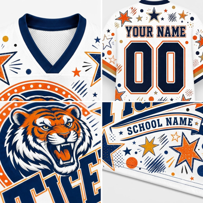 Custom sports jersey mockup showing front, back, and graphic details. The white jersey features navy blue trim, orange and navy star/dot patterns, a roaring tiger mascot graphic, and customizable text fields reading 'YOUR NAME', '00', and 'SCHOOL NAME'.