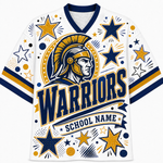 A white short-sleeve athletic jersey with navy and gold graphics, featuring a Spartan helmet illustration, the word 'WARRIORS', and 'SCHOOL NAME' on the front, shown on a plain white background.