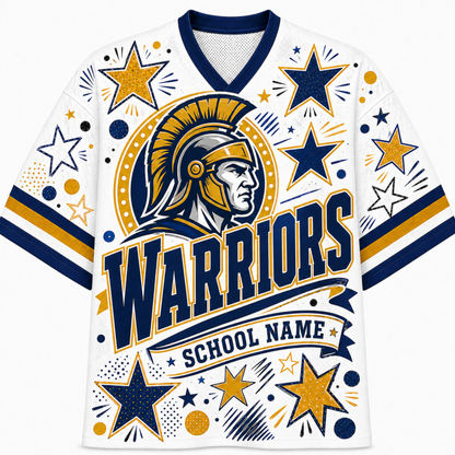 A white short-sleeve athletic jersey with navy and gold graphics, featuring a Spartan helmet illustration, the word 'WARRIORS', and 'SCHOOL NAME' on the front, shown on a plain white background.