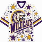 A white V-neck athletic jersey with purple and gold graphics, featuring a wildcat mascot illustration, large 'WILDCATS' text, a 'SCHOOL NAME' banner, and scattered star and dot patterns.