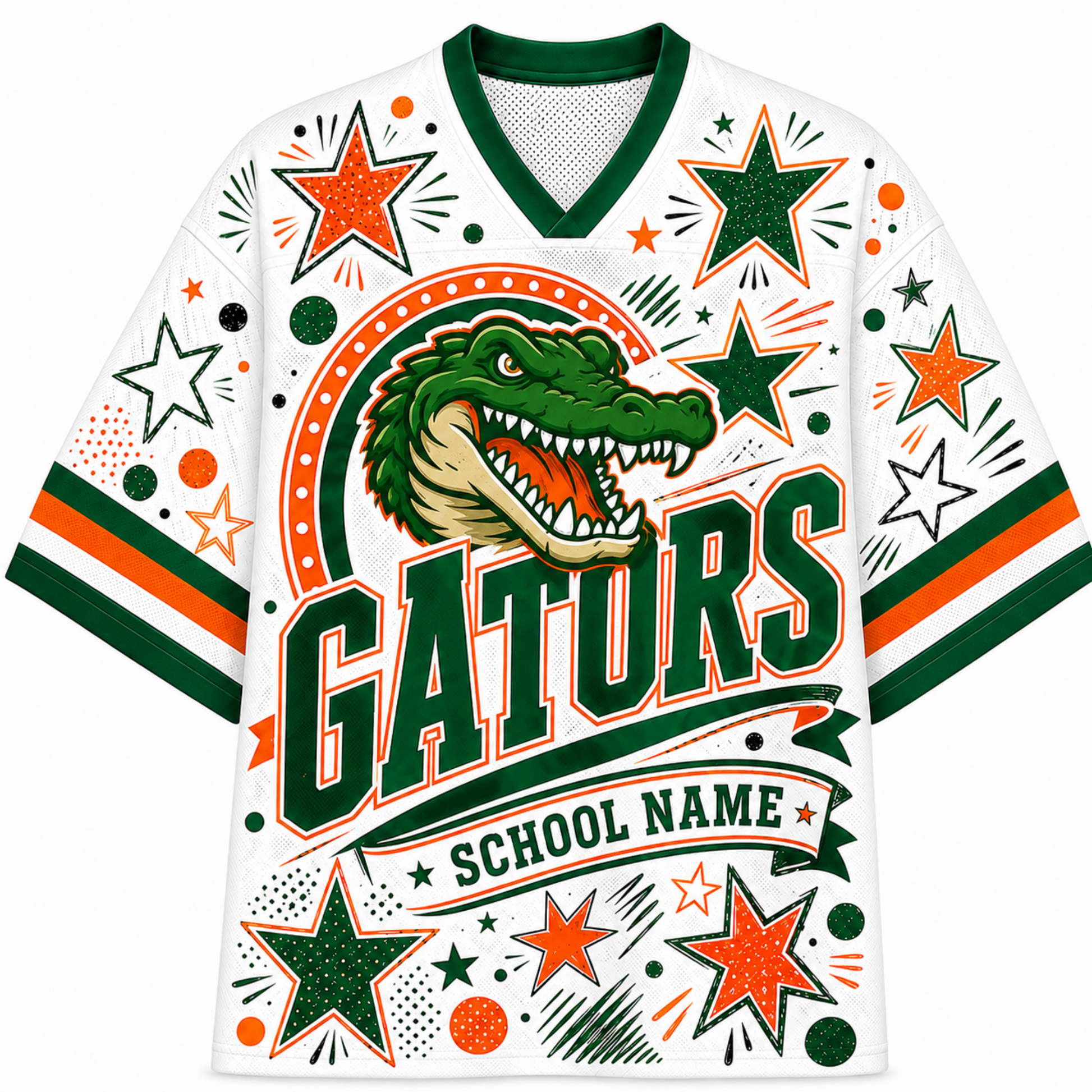 A white V-neck athletic jersey with green and orange collegiate graphics, featuring a large alligator head, the word 'GATORS' in bold green letters, decorative stars, dots, and stripes, and a banner reading 'SCHOOL NAME'.