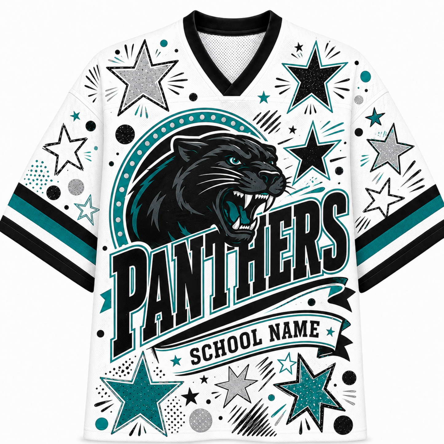 A white short-sleeve V-neck jersey with a black, teal, and gray 'PANTHERS SCHOOL NAME' graphic featuring a roaring panther, stars, and dots on the front.