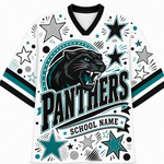 A white short-sleeve V-neck jersey with a black, teal, and gray 'PANTHERS SCHOOL NAME' graphic featuring a roaring panther, stars, and dots on the front.
