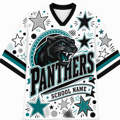 A white short-sleeve V-neck jersey with a black, teal, and gray 'PANTHERS SCHOOL NAME' graphic featuring a roaring panther, stars, and dots on the front.
