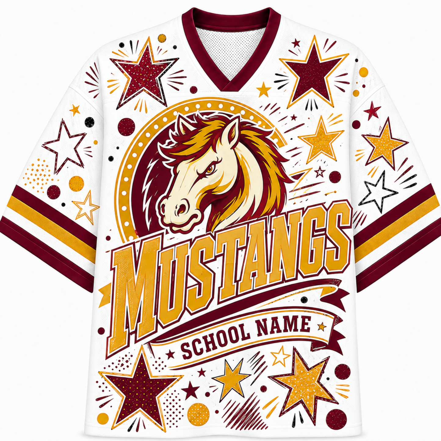A white V-neck athletic jersey with maroon and gold graphics, featuring a mustang horse head, the word "Mustangs," and a banner reading "School Name," shown on a plain white background.