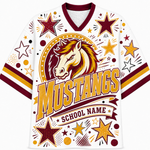 A white V-neck athletic jersey with maroon and gold graphics, featuring a mustang horse head, the word "Mustangs," and a banner reading "School Name," shown on a plain white background.