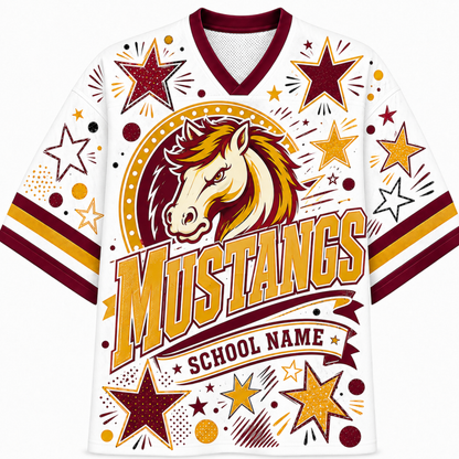 A white V-neck athletic jersey with maroon and gold graphics, featuring a mustang horse head, the word "Mustangs," and a banner reading "School Name," shown on a plain white background.