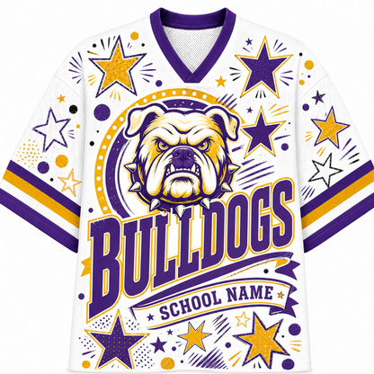 A white V-neck athletic jersey with purple and gold graphics, featuring a bulldog mascot logo, the word 'BULLDOGS', and 'SCHOOL NAME' on the front.