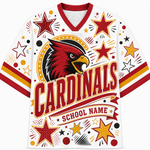 A white varsity-style jersey with red and yellow graphics, featuring a large cardinal bird head, the word "CARDINALS," and a customizable "SCHOOL NAME" banner on the front.