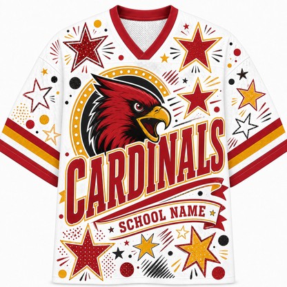 A white varsity-style jersey with red and yellow graphics, featuring a large cardinal bird head, the word "CARDINALS," and a customizable "SCHOOL NAME" banner on the front.