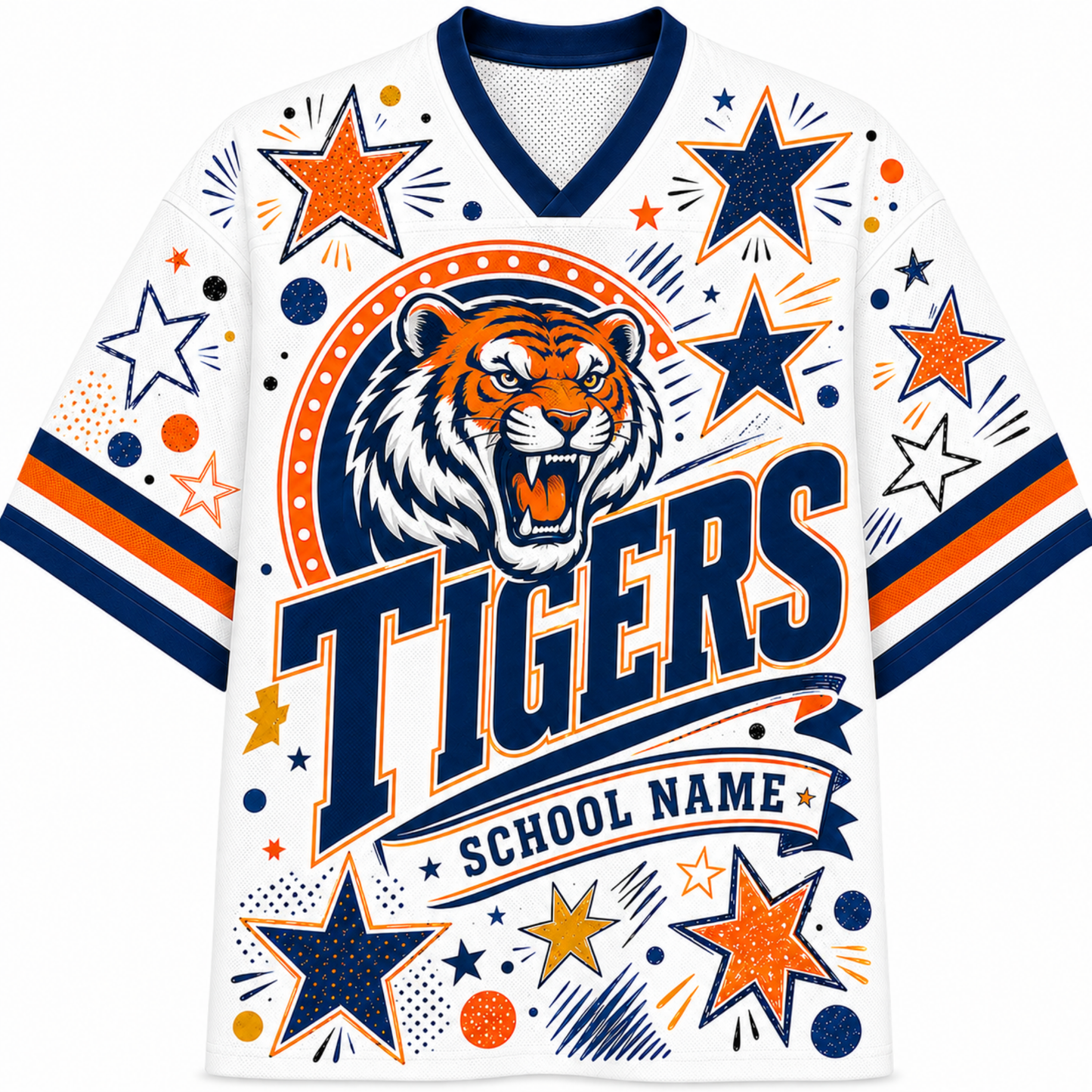 A white V-neck athletic-style jersey with navy and orange graphics, featuring a tiger head illustration, large 'TIGERS' text, and 'SCHOOL NAME' on the front, shown on a plain white background.