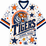 A white V-neck athletic-style jersey with navy and orange graphics, featuring a tiger head illustration, large 'TIGERS' text, and 'SCHOOL NAME' on the front, shown on a plain white background.