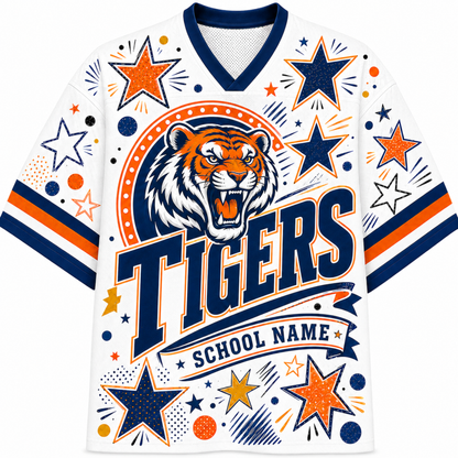 A white V-neck athletic-style jersey with navy and orange graphics, featuring a tiger head illustration, large 'TIGERS' text, and 'SCHOOL NAME' on the front, shown on a plain white background.