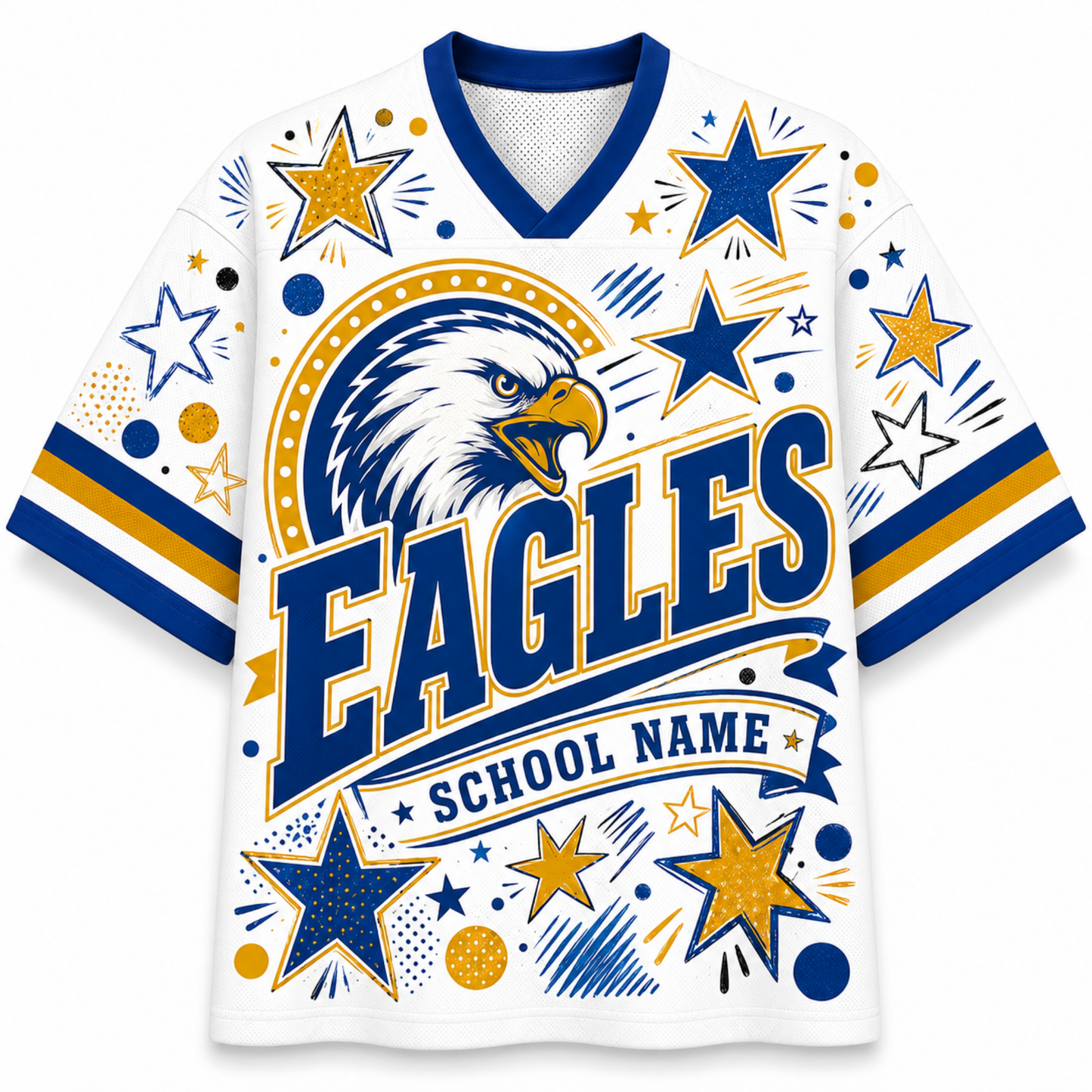 A white short-sleeve V-neck jersey-style shirt with blue and gold eagle-themed graphics, including a large eagle head, the word "EAGLES," a banner reading "SCHOOL NAME," and star motifs on the front and sleeves.