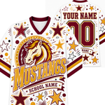 Customizable white and maroon V-neck football jersey shown from the front and back, featuring a mustang horse logo, 'Mustangs' text, star graphics, and placeholder name/number customization.