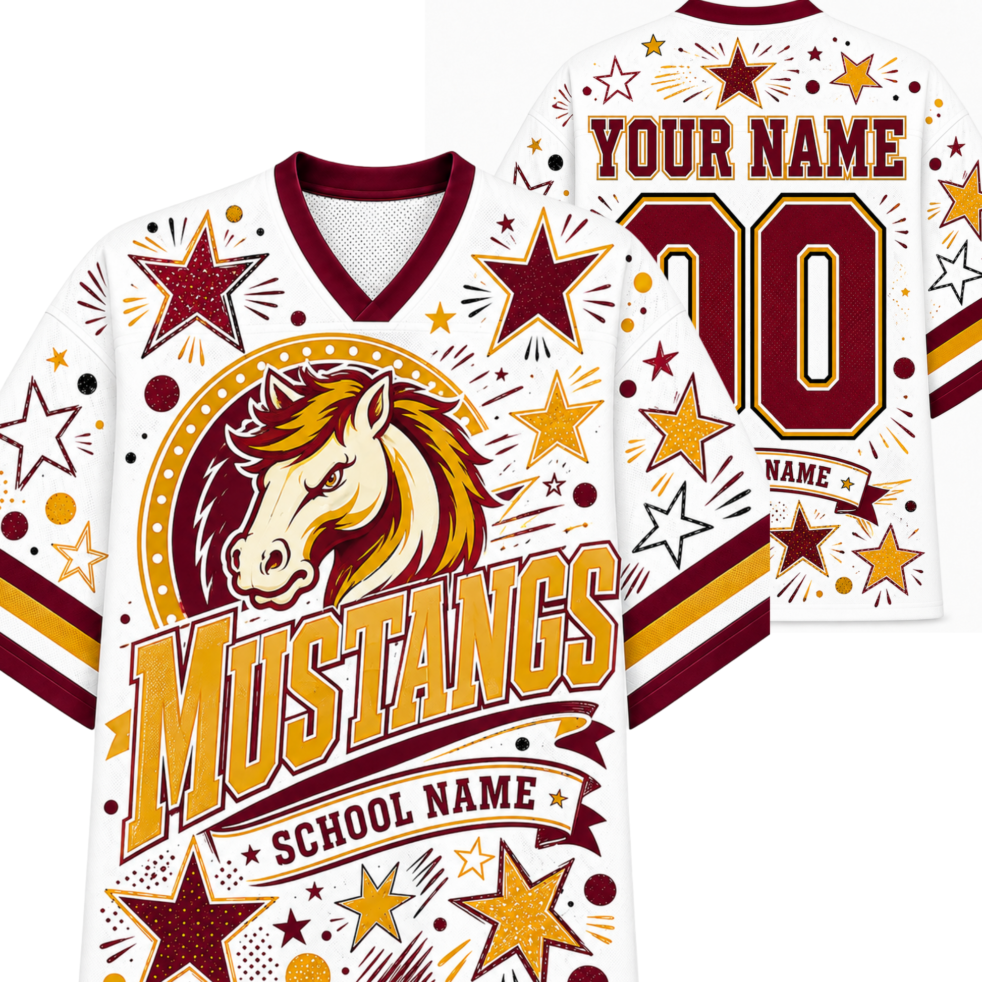 Customizable white and maroon V-neck football jersey shown from the front and back, featuring a mustang horse logo, 'Mustangs' text, star graphics, and placeholder name/number customization.