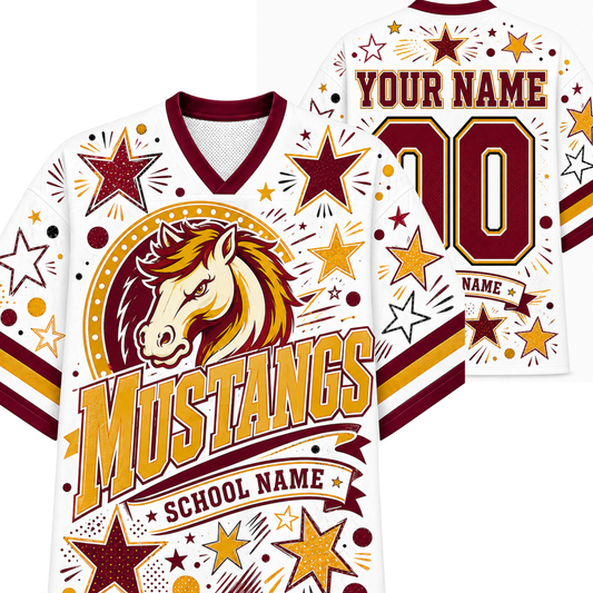 Customizable white and maroon V-neck football jersey shown from the front and back, featuring a mustang horse logo, 'Mustangs' text, star graphics, and placeholder name/number customization.