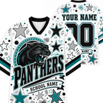 White custom hockey-style jersey shown from front and back, featuring a black panther graphic, teal and black star motifs, and customizable text reading 'YOUR NAME', 'SCHOOL NAME', and 'YOUR NUMBER'.
