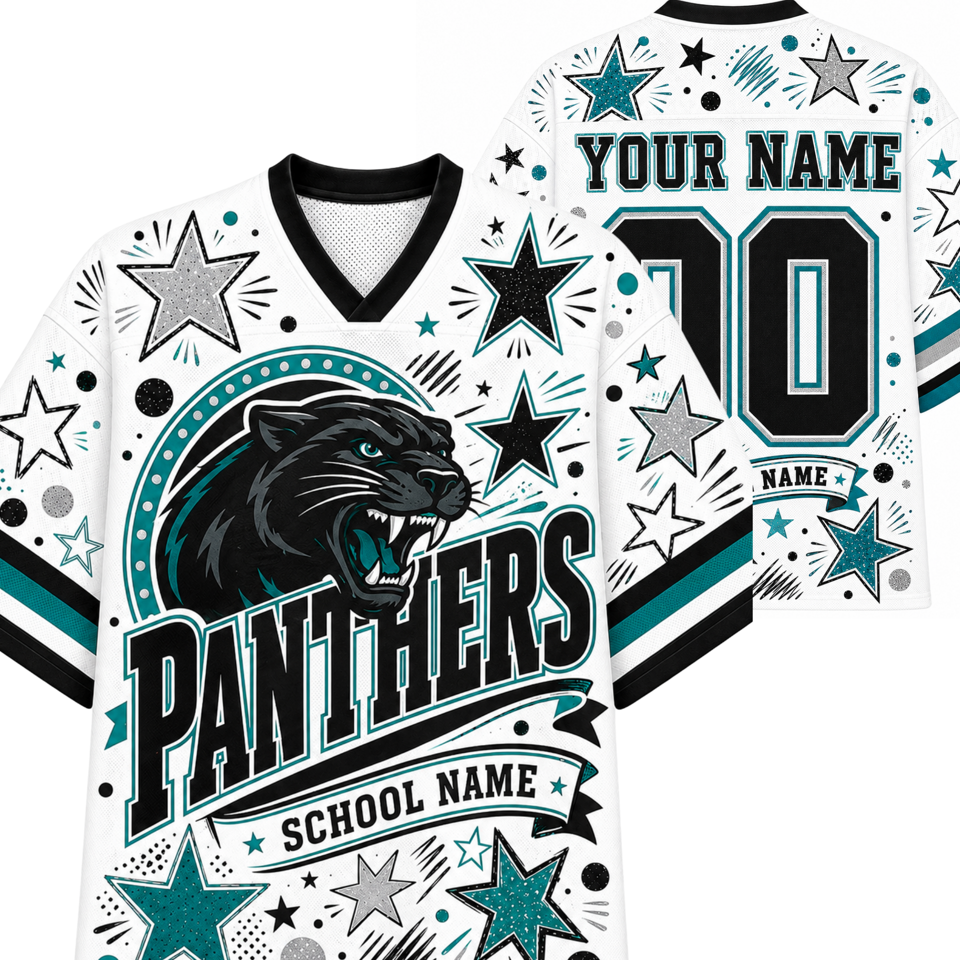 White custom hockey-style jersey shown from front and back, featuring a black panther graphic, teal and black star motifs, and customizable text reading 'YOUR NAME', 'SCHOOL NAME', and 'YOUR NUMBER'.