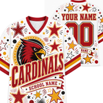 A white hockey-style jersey mockup shown from the front and back, featuring a red cardinal bird graphic, large red and gold 'CARDINALS' lettering, star motifs, and customizable text reading 'YOUR NAME', 'NAME:', and 'SCHOOL NAME'.