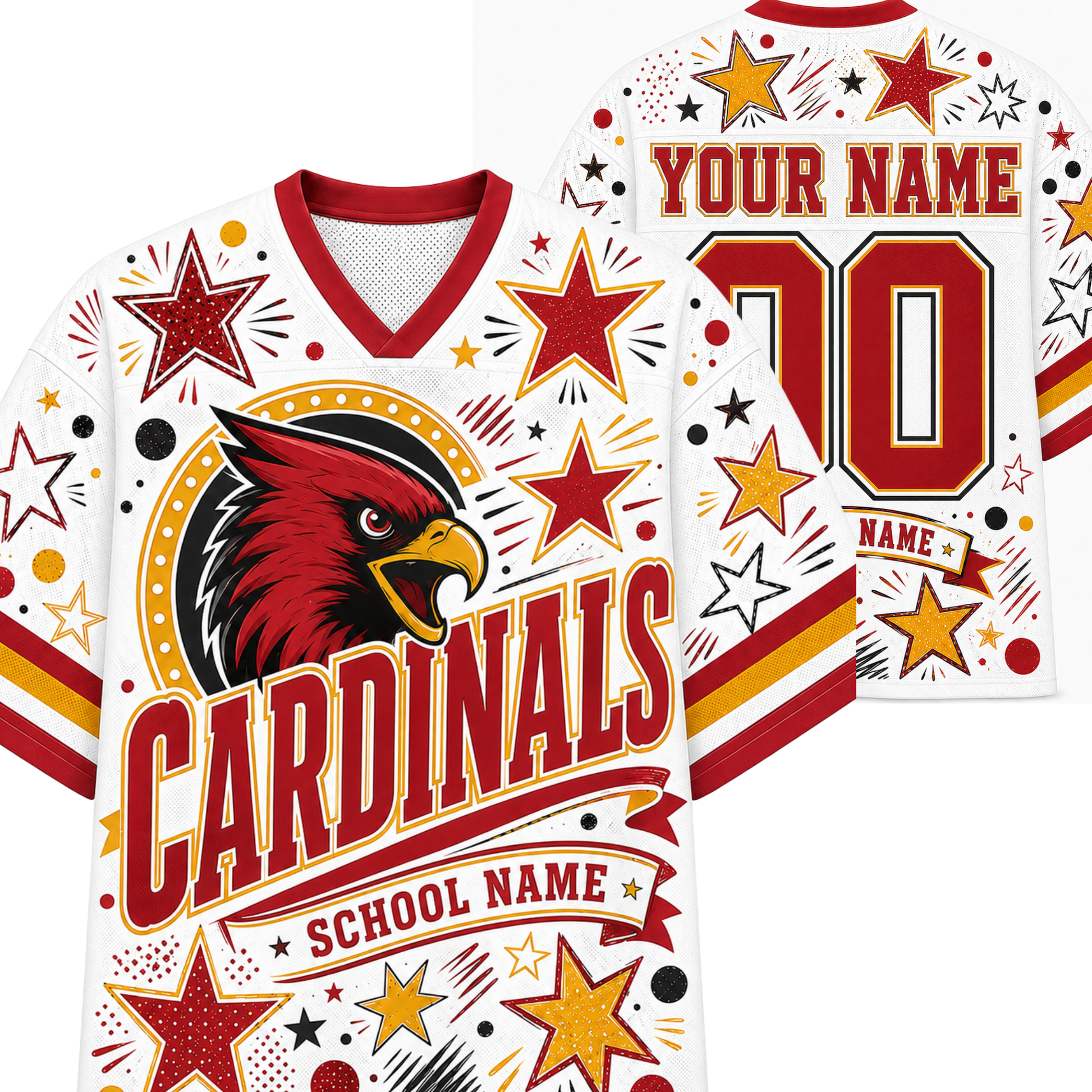 A white hockey-style jersey mockup shown from the front and back, featuring a red cardinal bird graphic, large red and gold 'CARDINALS' lettering, star motifs, and customizable text reading 'YOUR NAME', 'NAME:', and 'SCHOOL NAME'.