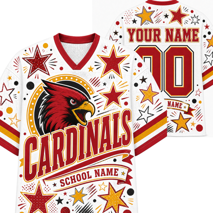 A white hockey-style jersey mockup shown from the front and back, featuring a red cardinal bird graphic, large red and gold 'CARDINALS' lettering, star motifs, and customizable text reading 'YOUR NAME', 'NAME:', and 'SCHOOL NAME'.