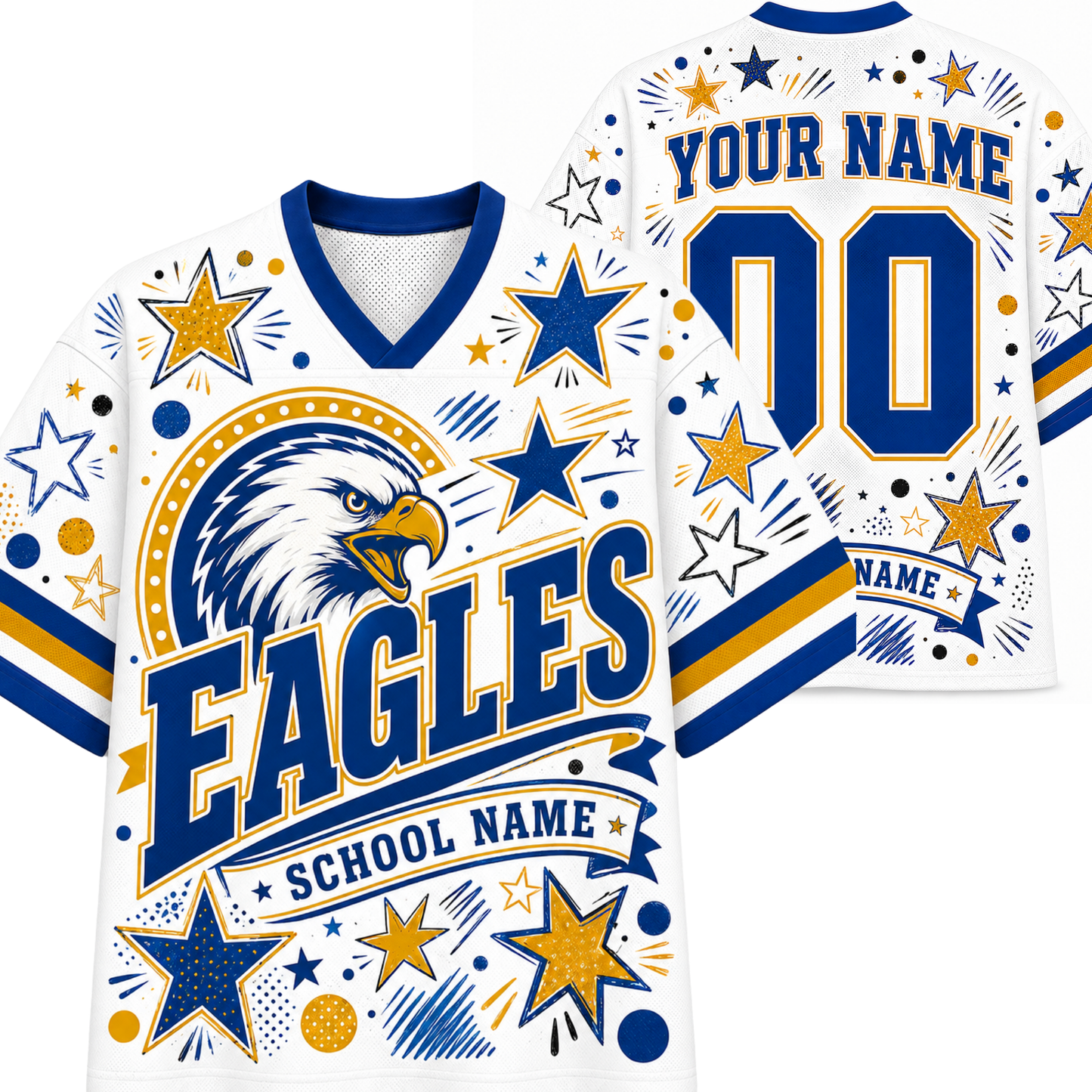 Customizable white V-neck athletic jersey shown from the front and back, featuring a large eagle head graphic, the word 'EAGLES' in bold blue letters, stars, stripes, and placeholder text 'YOUR NAME' and 'SCHOOL NAME'.