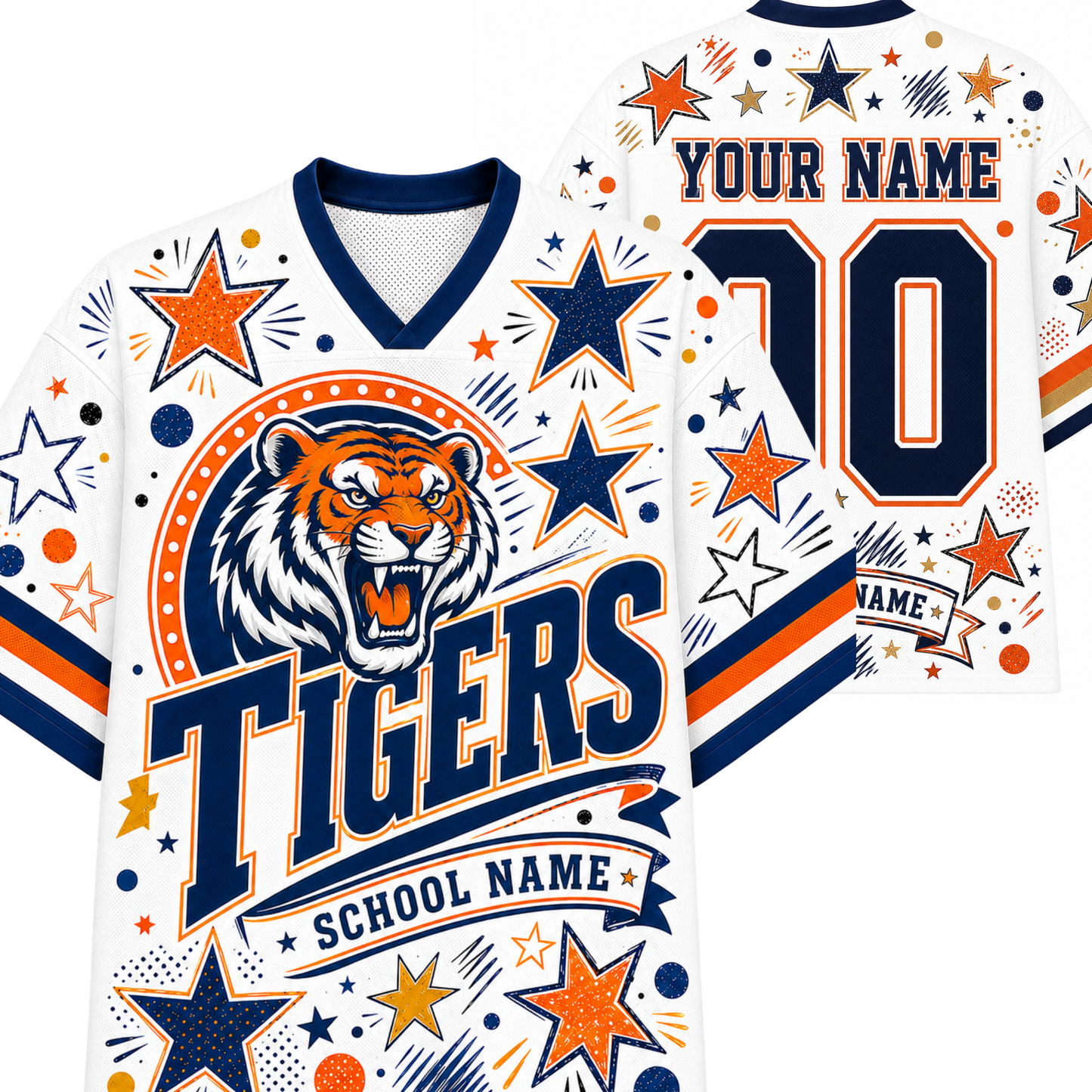 Customizable white V-neck football jersey shown from the front and back, featuring a tiger graphic, 'Tigers' text, 'School Name' banner, and placeholder text 'Your Name' and number '10' in navy and orange with star and confetti patterns.
