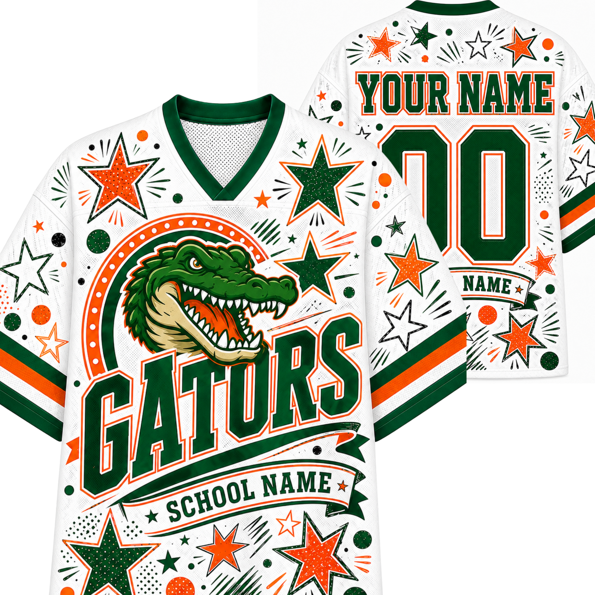 Custom Florida Gators themed white football jersey mockup showing front and back views. The jersey features a green alligator graphic, green and orange lettering, star patterns, and customizable text fields for 'YOUR NAME' and 'SCHOOL NAME'.