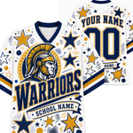 Personalized white football jersey mockup showing front and back views with navy blue and gold graphics, including a Spartan helmet logo, large 'WARRIORS' text, 'YOUR NAME', number '00', and decorative stars and dots.