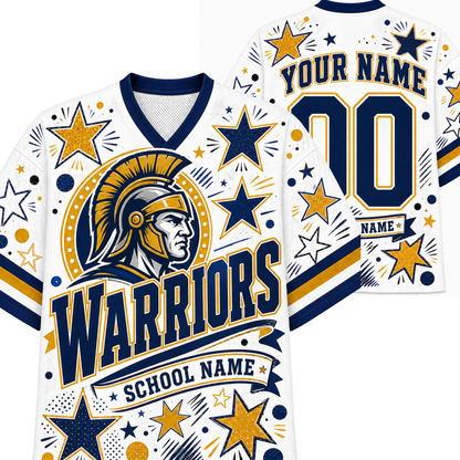 Personalized white football jersey mockup showing front and back views with navy blue and gold graphics, including a Spartan helmet logo, large 'WARRIORS' text, 'YOUR NAME', number '00', and decorative stars and dots.