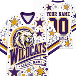 Customizable white V-neck sports jersey shown from the front and back, featuring purple and gold wildcat graphics, stars, and text including 'WILDCATS', 'SCHOOL NAME', 'YOUR NAME', and a number '10'.