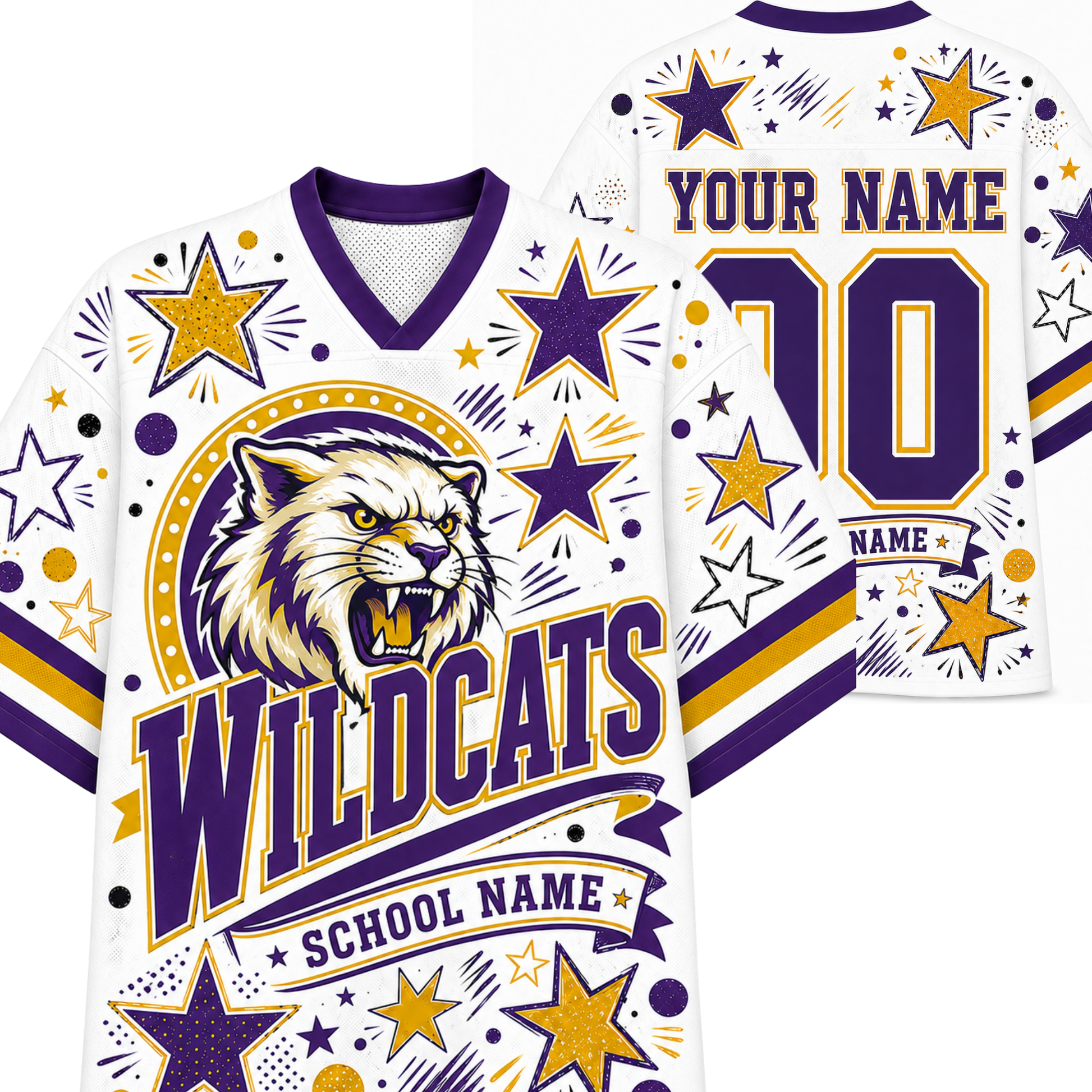 Customizable white V-neck sports jersey shown from the front and back, featuring purple and gold wildcat graphics, stars, and text including 'WILDCATS', 'SCHOOL NAME', 'YOUR NAME', and a number '10'.