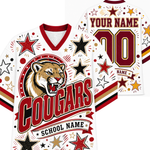 Customizable white hockey-style jersey shown from front and back, featuring a cougar mascot graphic, large 'COUGARS' text, star motifs, and placeholder text 'YOUR NAME' and 'SCHOOL NAME'.