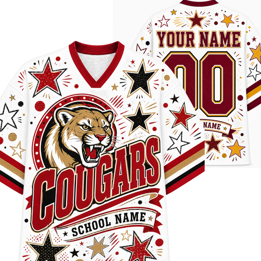 Customizable white hockey-style jersey shown from front and back, featuring a cougar mascot graphic, large 'COUGARS' text, star motifs, and placeholder text 'YOUR NAME' and 'SCHOOL NAME'.