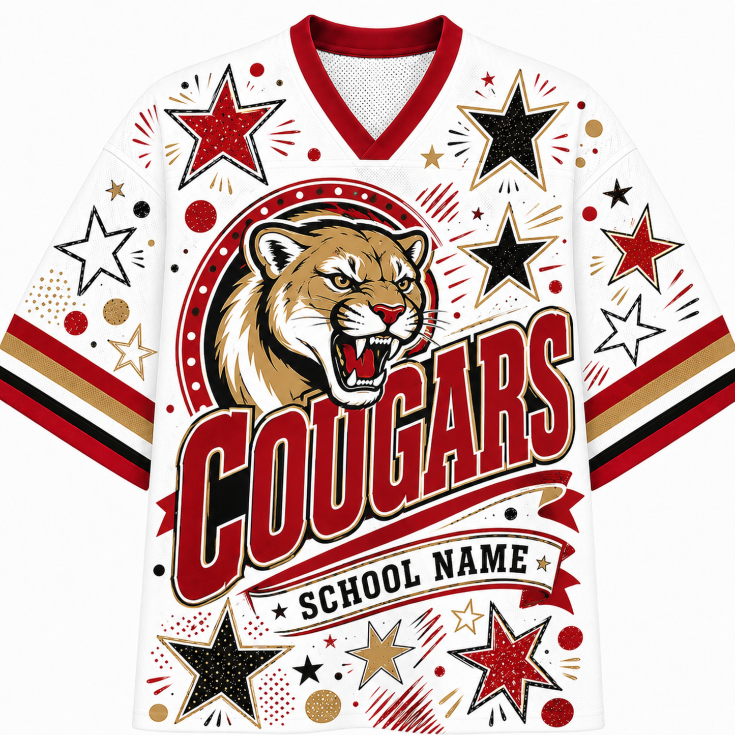 A white custom sports jersey featuring a roaring cougar mascot graphic, the word 'COUGARS' in large red letters, and 'SCHOOL NAME' on a banner. The jersey is decorated with red, black, and gold stars, dots, and stripes on the sleeves and shoulders.