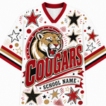 A white custom sports jersey featuring a roaring cougar mascot graphic, the word 'COUGARS' in large red letters, and 'SCHOOL NAME' on a banner. The jersey is decorated with red, black, and gold stars, dots, and stripes on the sleeves and shoulders.