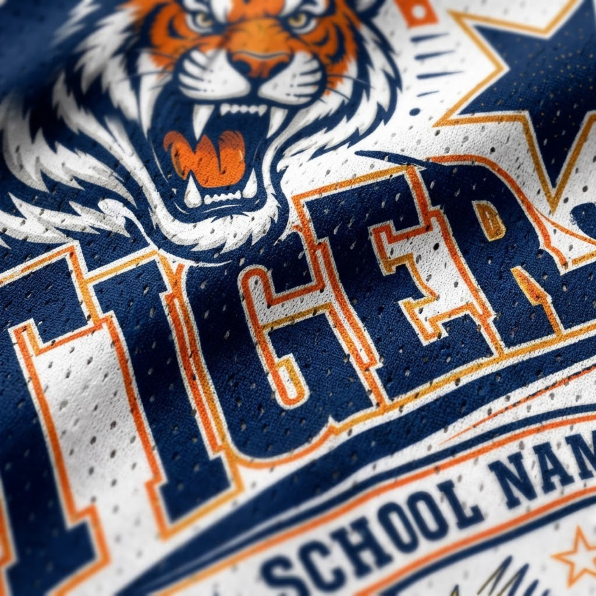 Close-up of a navy blue and white athletic jersey with a roaring tiger graphic and large outlined lettering, including partial text reading 'TIGER' and 'SCHOOL NAM'.