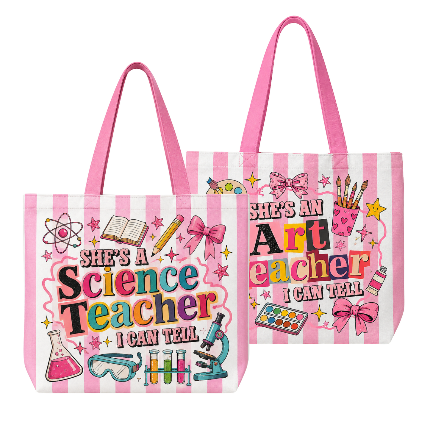 Two pink and white striped tote bags with colorful graphics celebrating science and art teachers, shown on a plain white background.