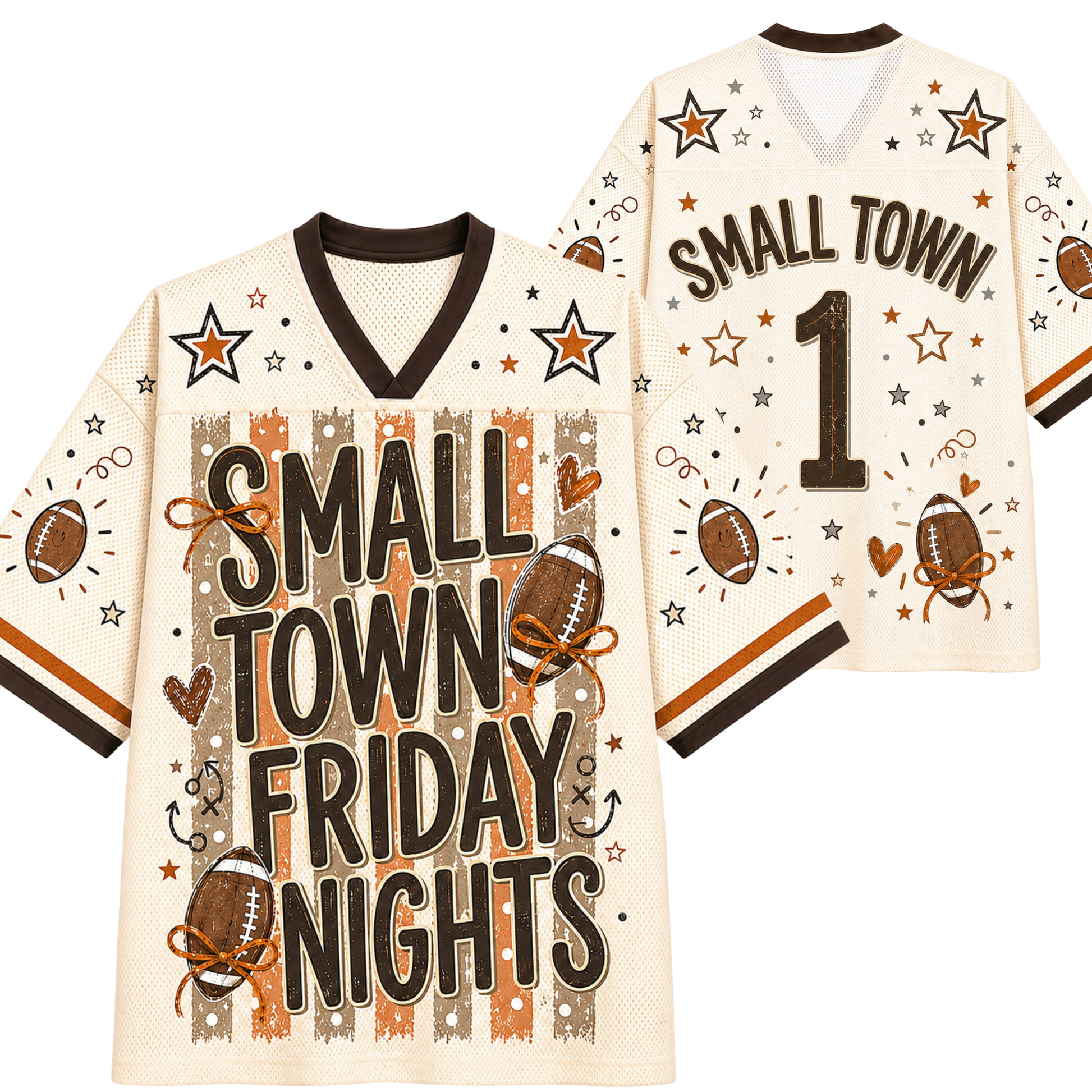 Front and back view mockup of the cream and brown Chaotic Club Small Town Friday Nights football jersey featuring bow-tied footballs, custom text, and number 1.
