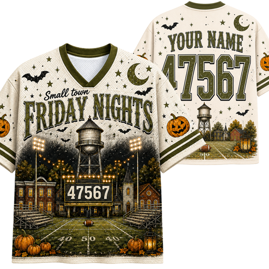 Front and back view mockup of the cream and olive green Chaotic Club football jersey featuring a small town stadium scene, custom name, and number 47567.